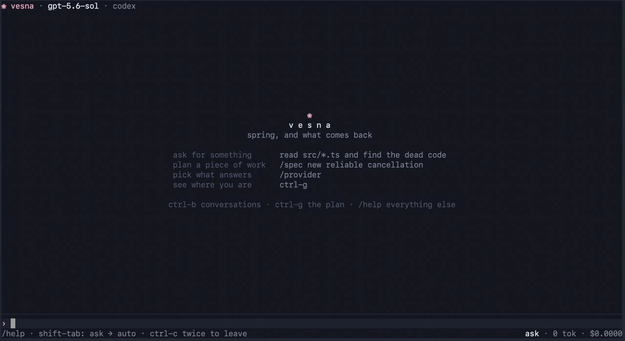 The Vesna terminal interface on start: the provider and model in the top line, four example commands in the middle, and the mode and running cost along the bottom.